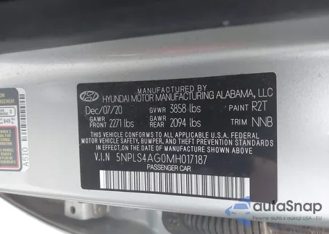 2021 Hyundai Elantra Sel z USA, uszkodzony, nr VIN 5NPLS4AG0MH017187